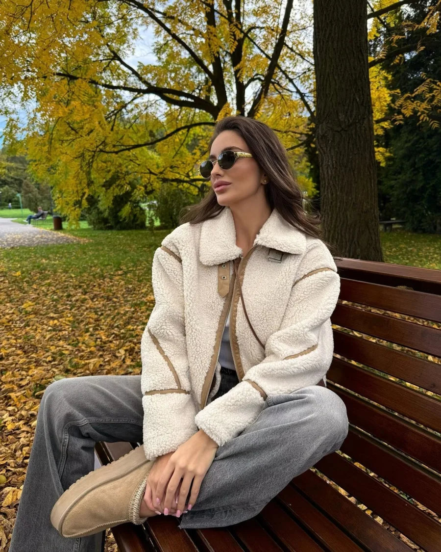 Shearling Coat Reversible Long Sleeve Stand-up Collar