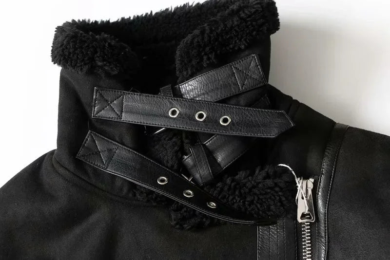 Faux Shearling Sheepskin Leather Jackets Lady Thick Warm Suede Lambs Motorcycle Brown Coats Mujer Chaqueta