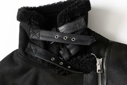 Faux Shearling Sheepskin Leather Jackets Lady Thick Warm Suede Lambs Motorcycle Brown Coats Mujer Chaqueta