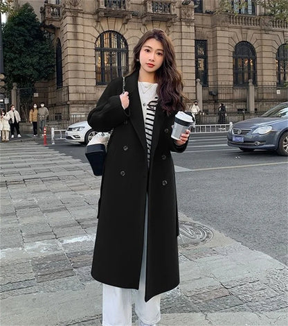 100% Wool Coat Women's Temperament Double sided Cashmere Coats with Belt Elegant Long Overcoat