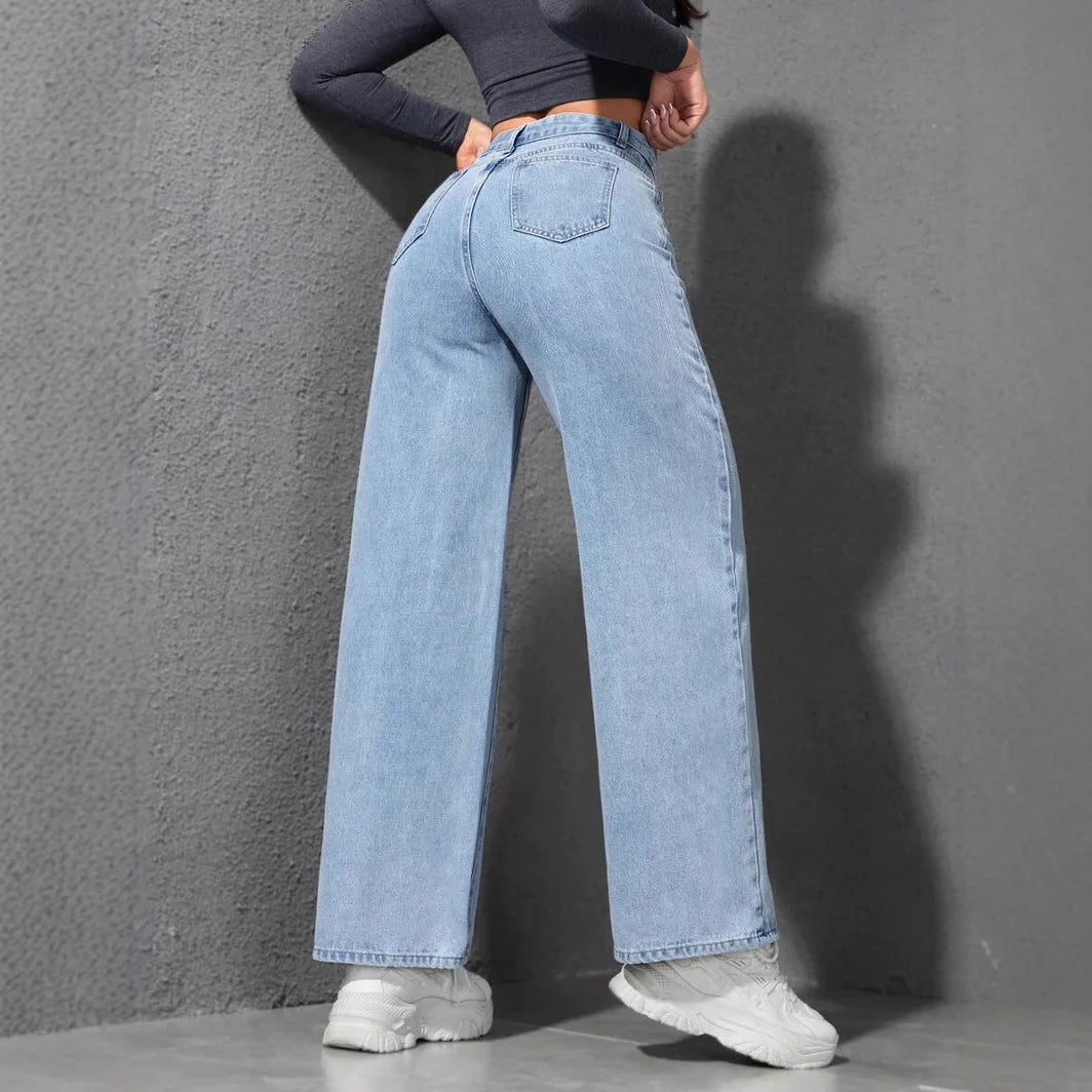 Jeans Women Vintage Wide Leg Pants Denims High Waist Washed Distressed Basics Straight Trousers Streetwear Floor Length