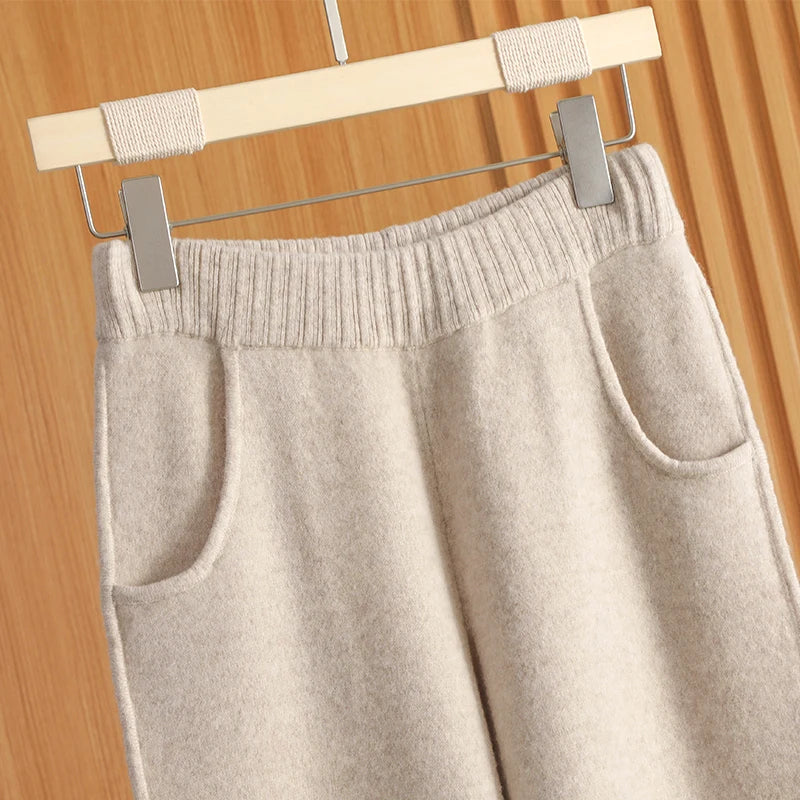 100% Wool Pants For AutumnWinter Warm French Fashion Solid Color Elastic waist pocket knitted Pants