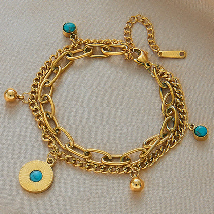 MEYRROYU 316 Stainless Steel Vintage Green Stone Heart Tassel Multilayer Charm Bracelet for Women Wedding Jewelry Beach брелок