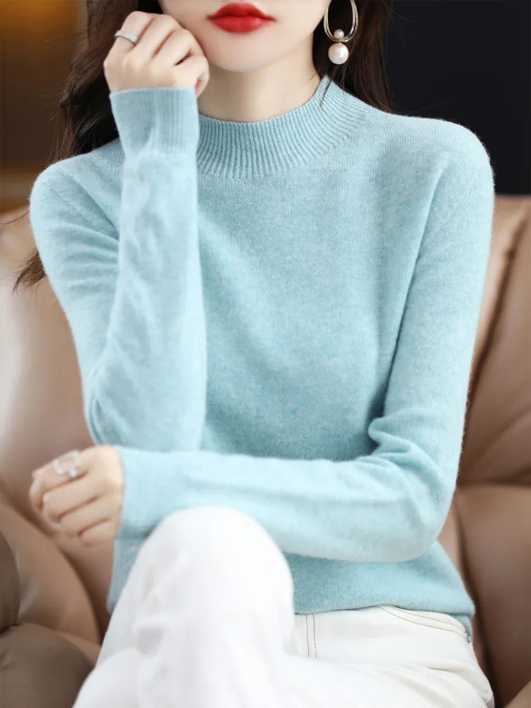 100% Merino Wool Sweater Mock-Neck Cashmere Pullover Long Sleeve