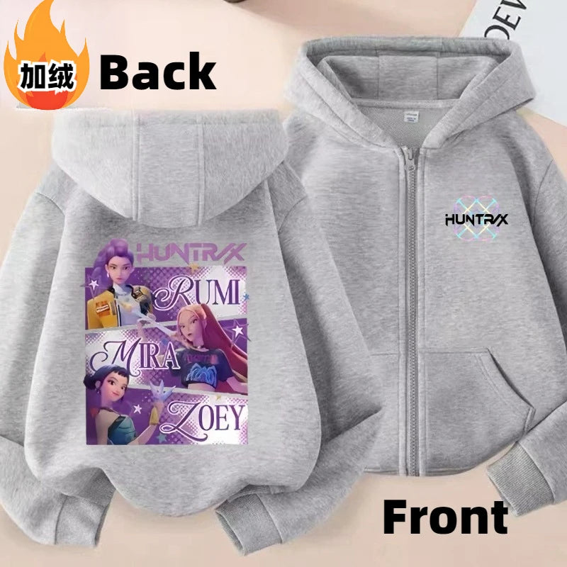 KPop Demon Hunters Rumi Mira Zoey Secondary Cartoon Printed Casual Fleece Jacket Creative Anime Peripheral All-match Hooded Top