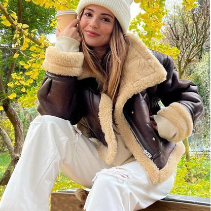 Faux Lamb Fur Short Jacket Vintage Female Moto Biker Zipper Thick Warm Coat Fleece Outwear