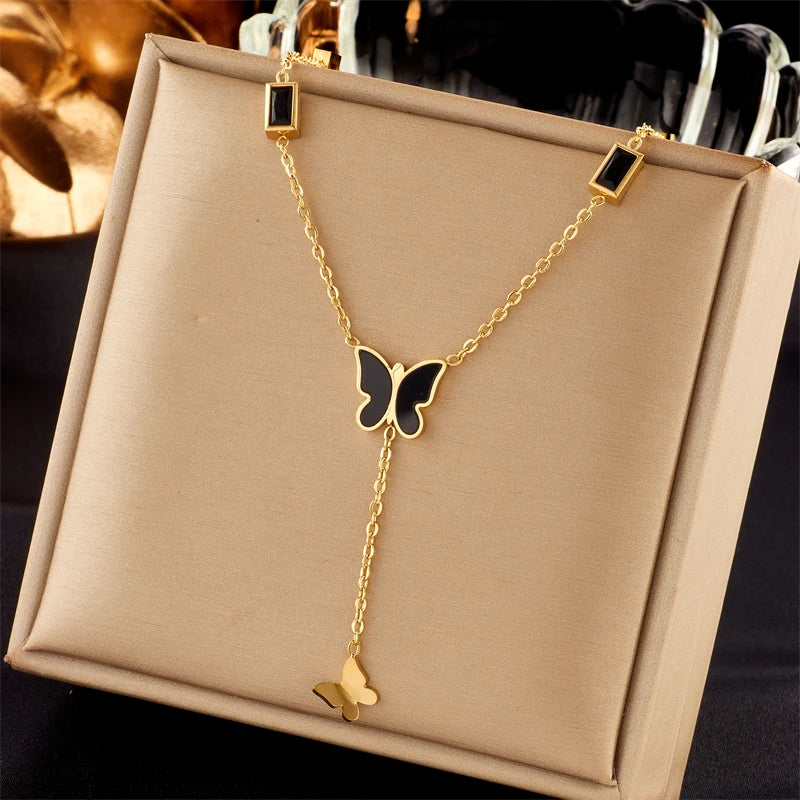 DIEYURO 316L Stainless Steel Heart Eye Square Butterfly Pendant Necklace For Women New Girls Choker Clavicle Chain Jewelry Gifts