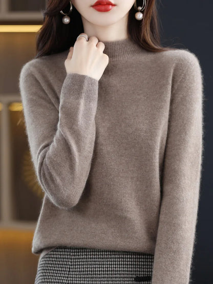 100% Merino Wool Sweater Mock-Neck Cashmere Pullover Long Sleeve
