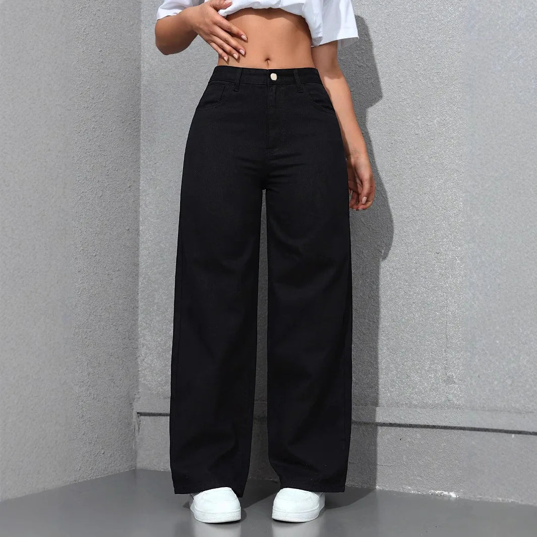 Jeans Women Vintage Wide Leg Pants Denims High Waist Washed Distressed Basics Straight Trousers Streetwear Floor Length
