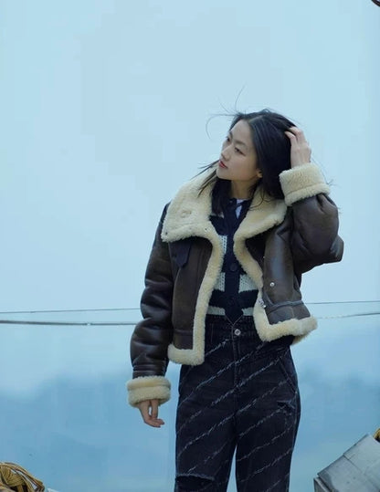 Faux Lamb Fur Short Jacket Vintage Female Moto Biker Zipper Thick Warm Coat Fleece Outwear