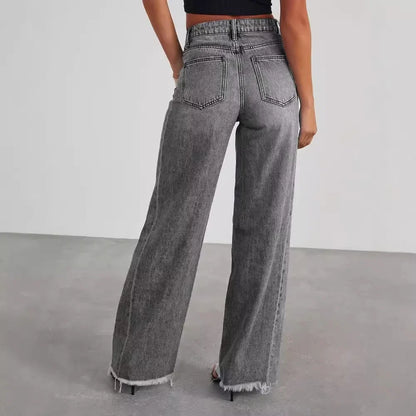 High-waisted Straight-leg Furred Jeans, Women's New Fashion High-waisted Wide-leg Pants