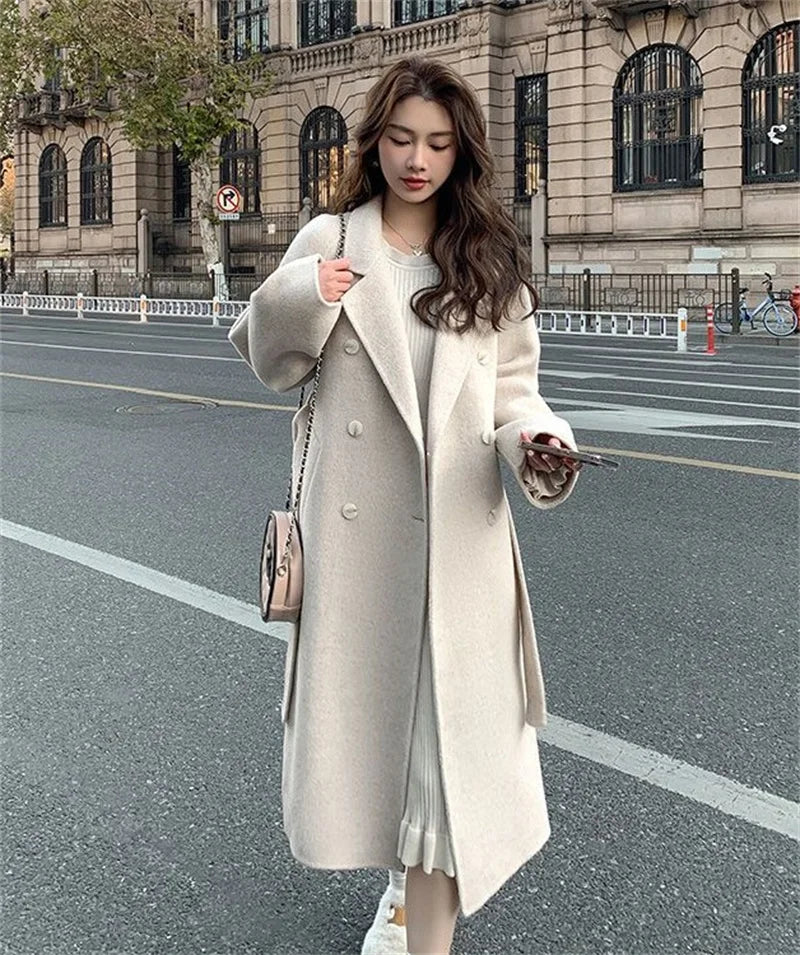 100% Wool Coat Women's Temperament Double sided Cashmere Coats with Belt Elegant Long Overcoat