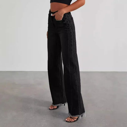 High-waisted Straight-leg Furred Jeans, Women's New Fashion High-waisted Wide-leg Pants