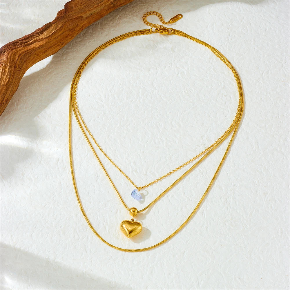 DIEYURO 316L Stainless Steel Golden Hollow Heart White Crystal Multilayer Necklace For Women New Fashion Neck Chain Jewelry Gift