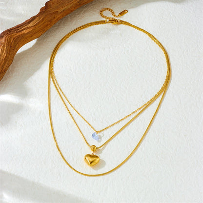 DIEYURO 316L Stainless Steel Golden Hollow Heart White Crystal Multilayer Necklace For Women New Fashion Neck Chain Jewelry Gift