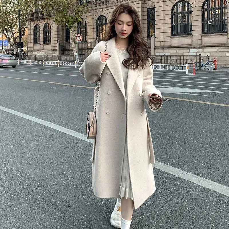 100% Wool Coat Women's Temperament Double sided Cashmere Coats with Belt Elegant Long Overcoat