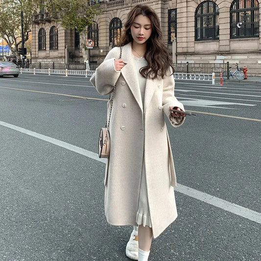 100% Wool Coat Women's Temperament Double sided Cashmere Coats with Belt Elegant Long Overcoat