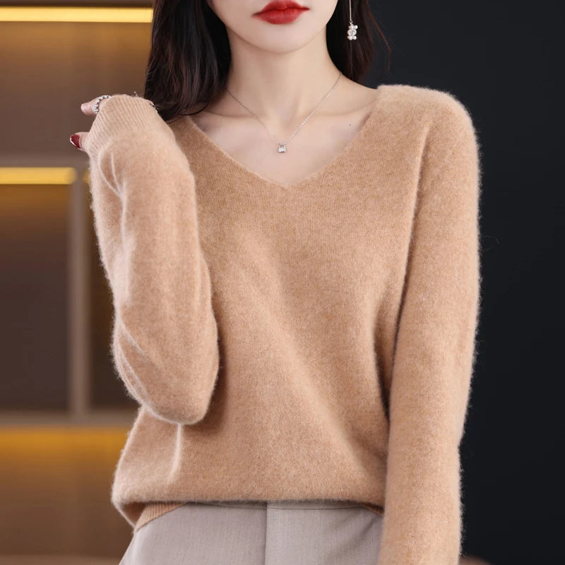 Knitted Pullover V-neck Loose Bottoming Shirt Solid