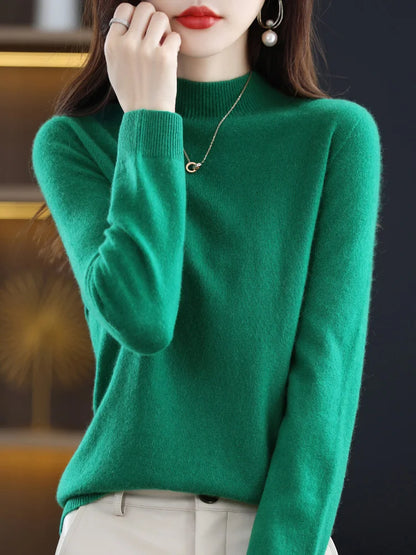 100% Merino Wool Sweater Mock-Neck Cashmere Pullover Long Sleeve