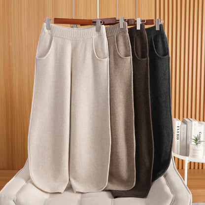 100% Wool Pants For AutumnWinter Warm French Fashion Solid Color Elastic waist pocket knitted Pants