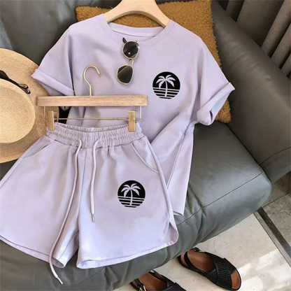 Women Tracksuit C Letter Print Short Sleeve T-shirt Drawstring Shorts Sport Suit Lady Exercise T-shirt Shorts Two-piece Suit