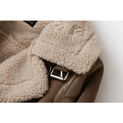 Faux Shearling Sheepskin Leather Jackets Lady Thick Warm Suede Lambs Motorcycle Brown Coats Mujer Chaqueta
