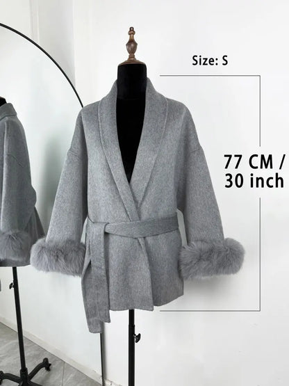 Tossy Fox Fur Wool Overcoat Women's Short Coat Office Lady Elegant Double-side Loose Wool
