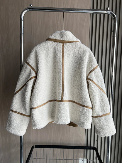 Shearling Coat Reversible Long Sleeve Stand-up Collar