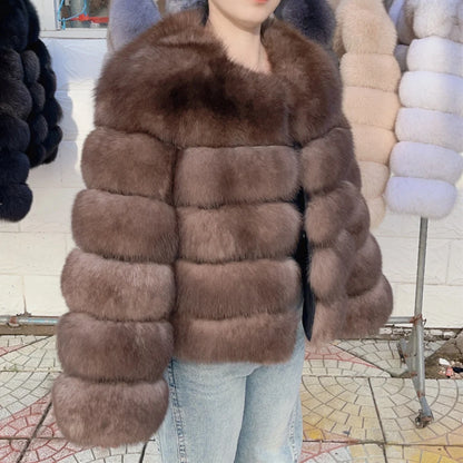 100% Fox Fur Coat Women's Fashion Brown