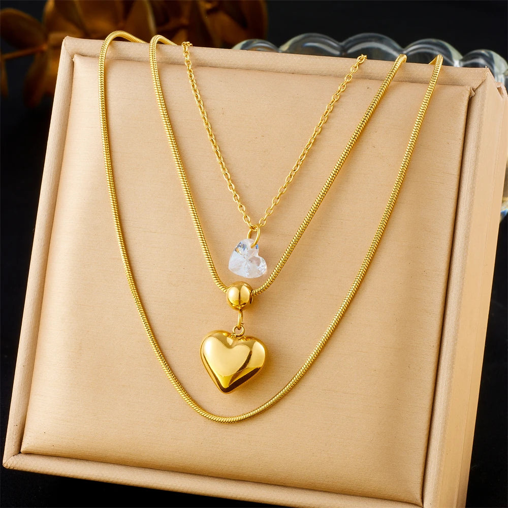 DIEYURO 316L Stainless Steel Golden Hollow Heart White Crystal Multilayer Necklace For Women New Fashion Neck Chain Jewelry Gift