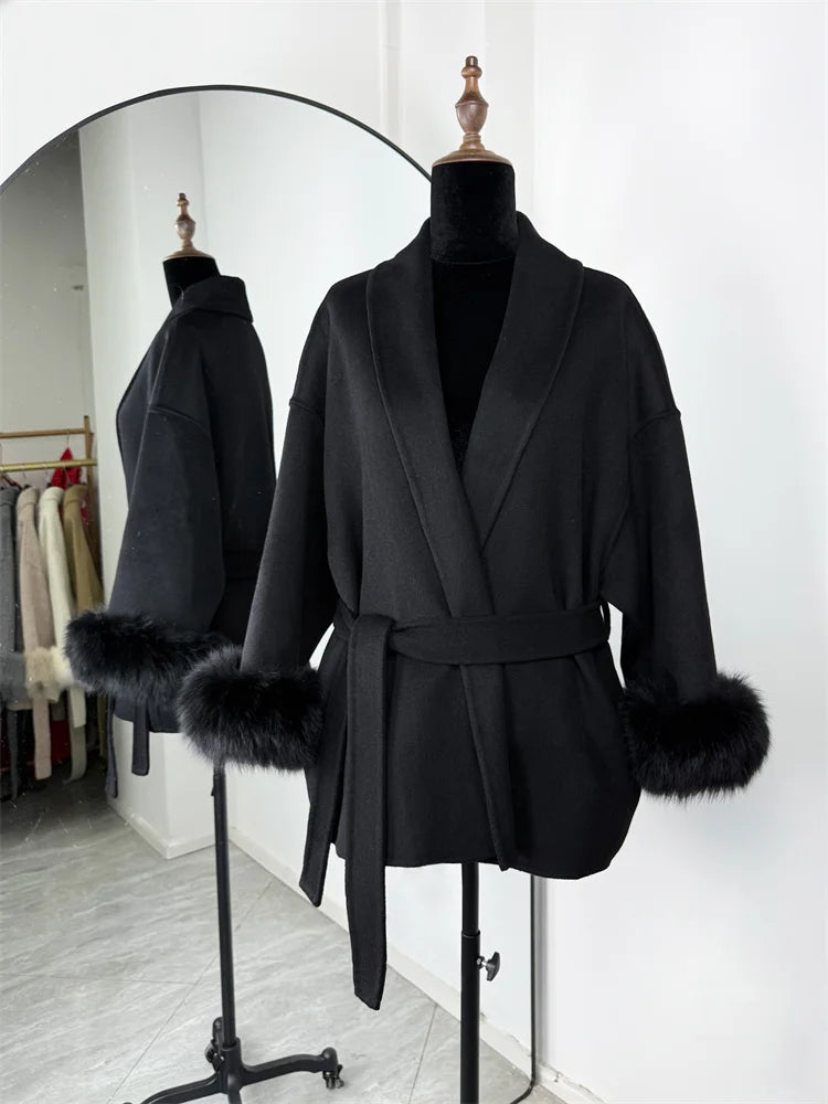 Tossy Fox Fur Wool Overcoat Women's Short Coat Office Lady Elegant Double-side Loose Wool