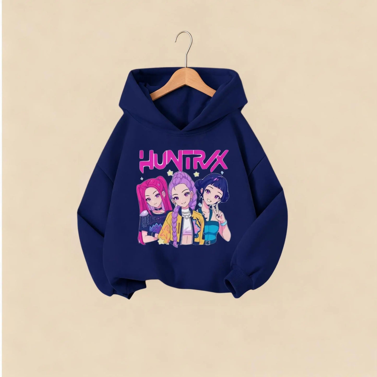 KPOP Hunters Huntrix Girl Fashion Clothes Kids Hoodie Cute Character Print With Star Casual Hooded Sweatshirt Boys Girls Costume