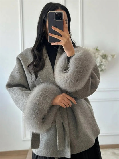 Tossy Fox Fur Wool Overcoat Women's Short Coat Office Lady Elegant Double-side Loose Wool