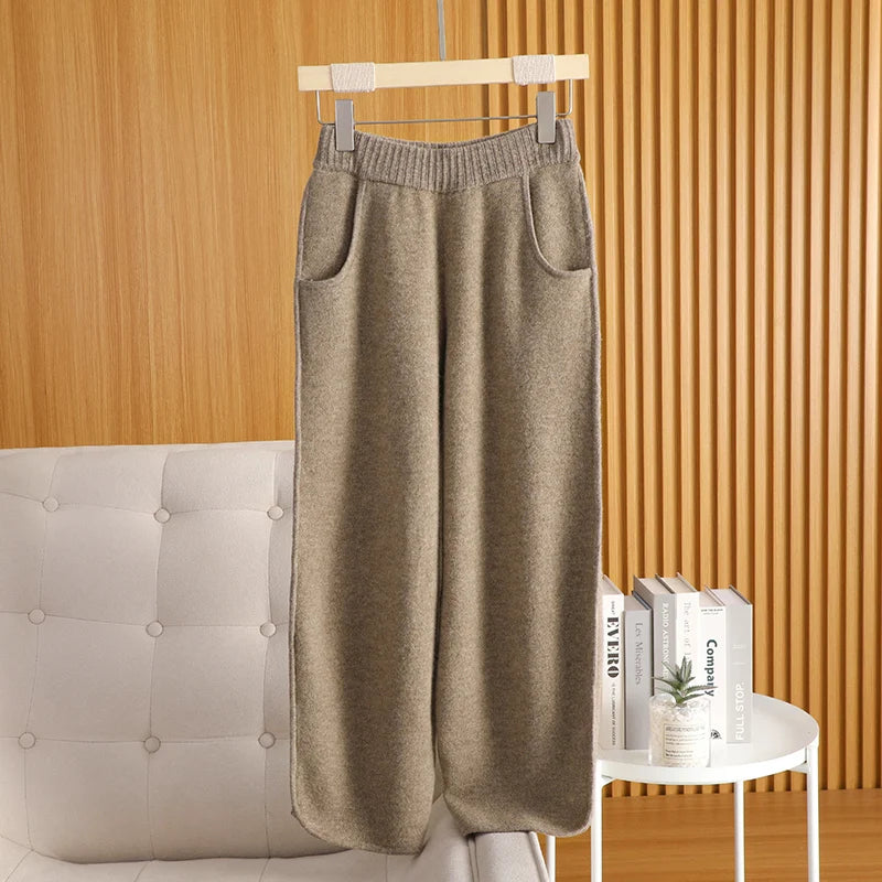 100% Wool Pants For AutumnWinter Warm French Fashion Solid Color Elastic waist pocket knitted Pants