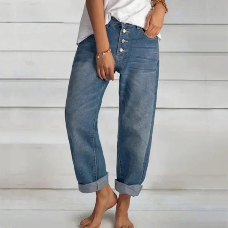 High Waist Single-breasted Splicing Straight Jeans Female Loose Casual Washable Trousers