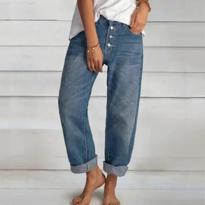 High Waist Single-breasted Splicing Straight Jeans Female Loose Casual Washable Trousers