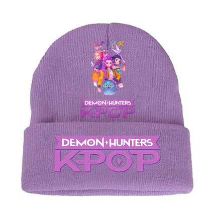 K-pop Demon Hunters Children Knit Hat Kawaii Cartoon Printed Beanie Autumn Girls Winter Outdoor Sports Warm Hat Birthday Gifts