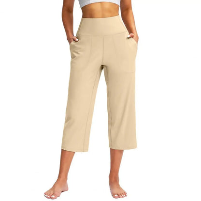 Women Elastic High Waist 3/4 Pant Casual Active Fit Wide Capris Leg Pants Trousers With Pockets Pants for Women Women’s Pants