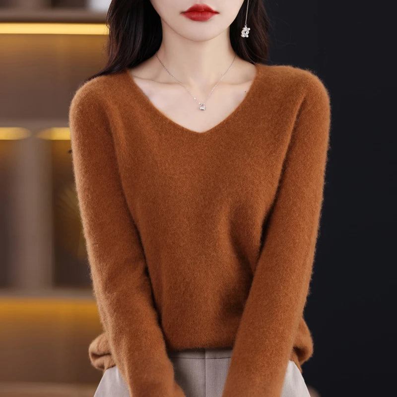Knitted Pullover V-neck Loose Bottoming Shirt Solid
