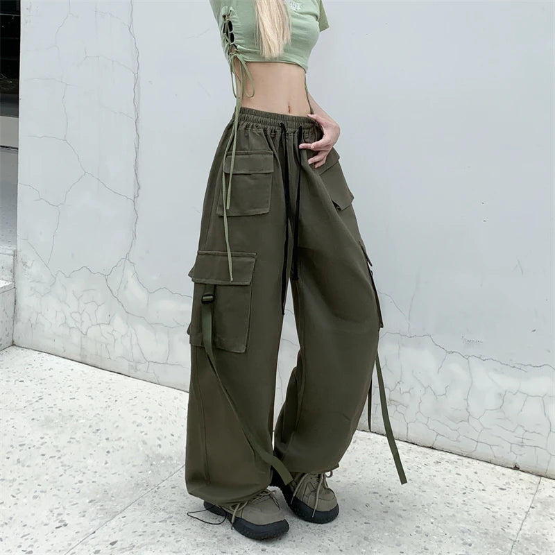 Cotton High Street Cargo Pants for Women Men with Ribbon High Waist Wide Leg Hip-hop Cool Dances Pants Ladies