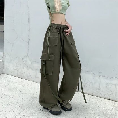 Cotton High Street Cargo Pants for Women Men with Ribbon High Waist Wide Leg Hip-hop Cool Dances Pants Ladies
