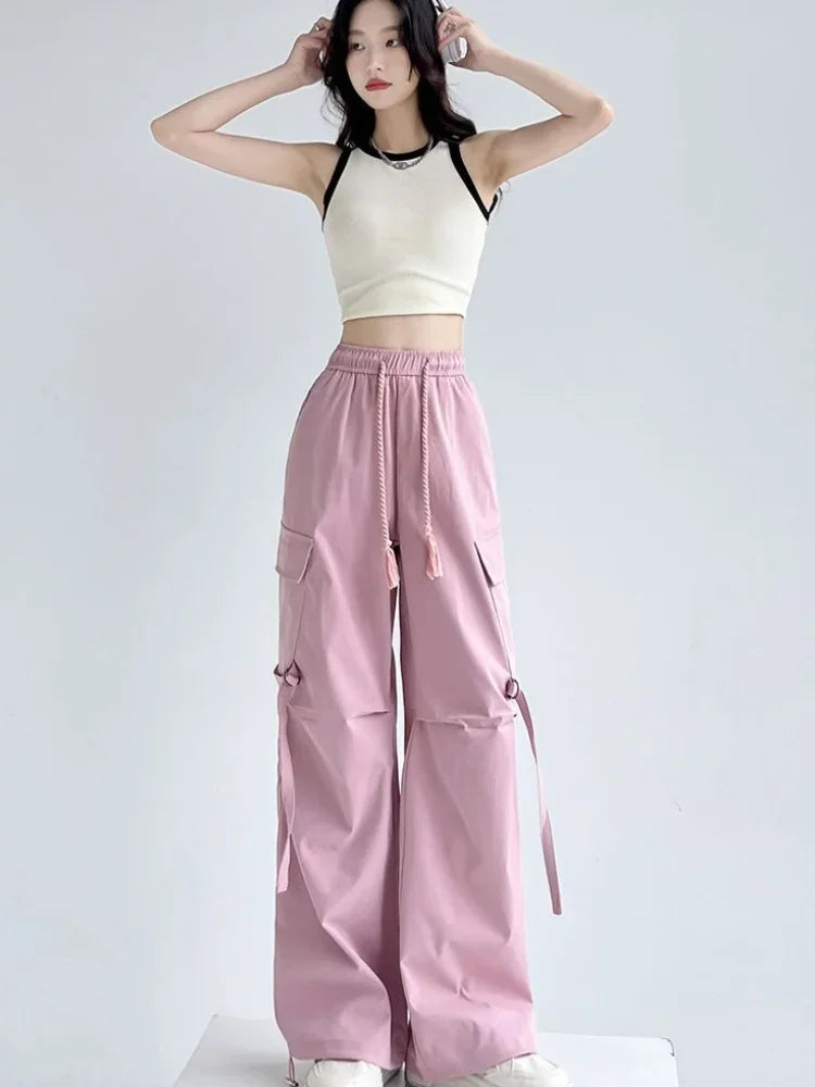 Cargo Pants for Women with Pockets Pink Loose Woman Trousers Wide Leg Spring Autumn Cotton Vintage Elastic Casual All Medium 90s