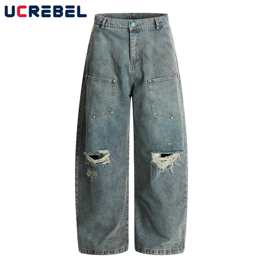 Ripped Jeans Mens With Rivets Pocket Retro High Street Washed Distressed Loose Wide leg Denim Pants Men