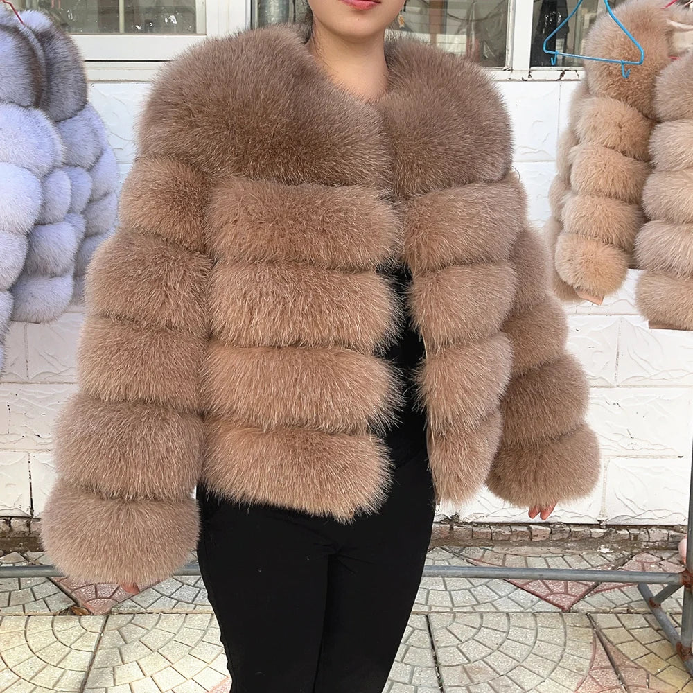 100% Fox Fur Coat Women's Fashion Brown
