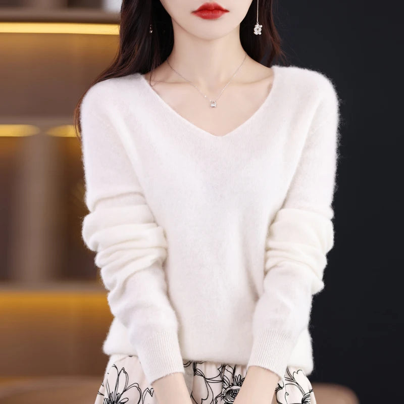 Knitted Pullover V-neck Loose Bottoming Shirt Solid