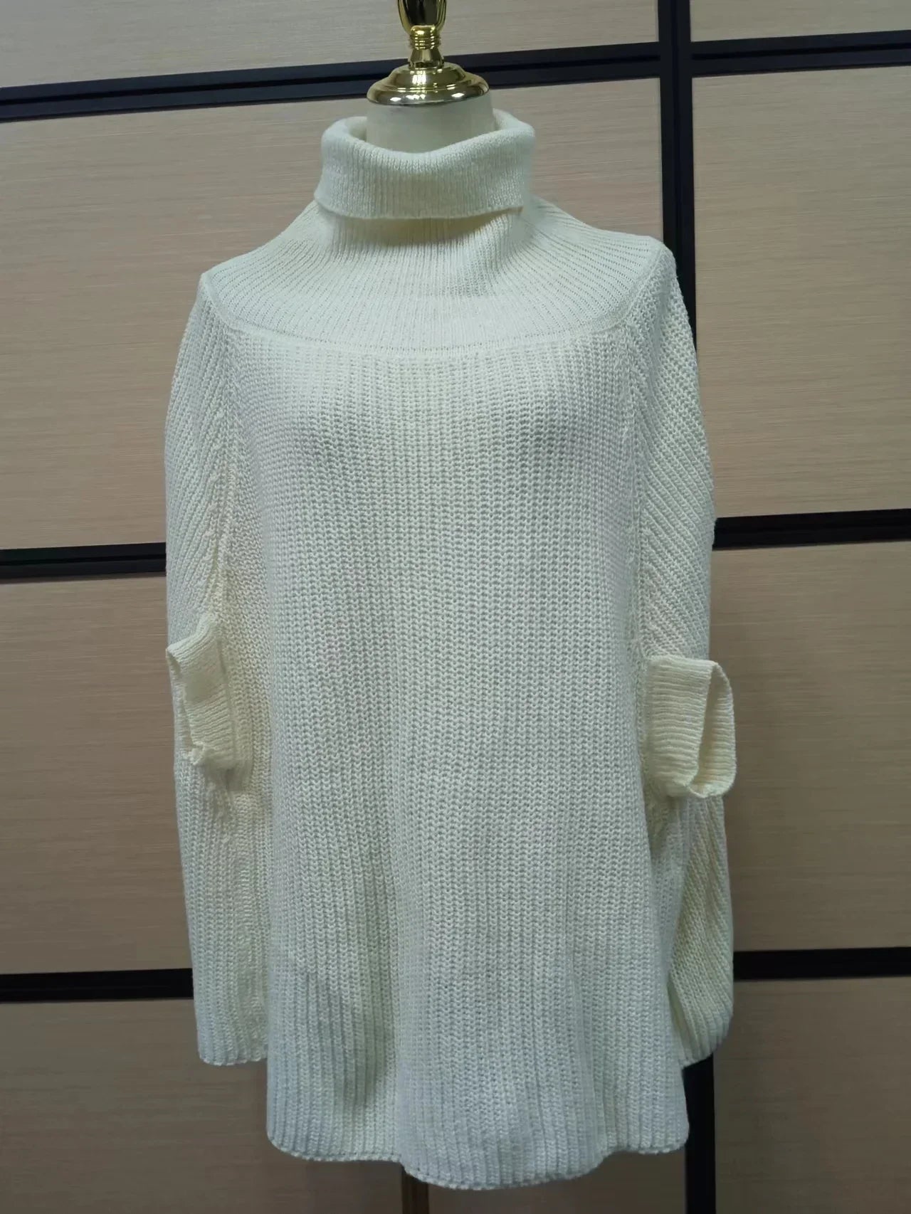 Batwing Knitted Tops Loose Oversize Sweater Korean Women Cloak Poncho Female Sexy Turtleneck Sweaters Khaki