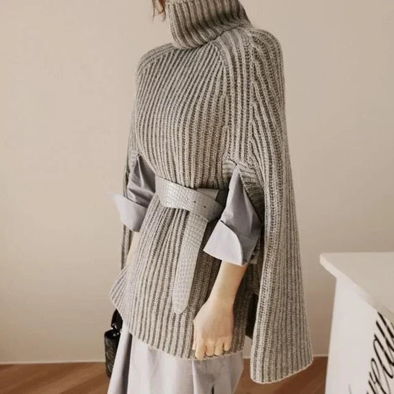 Batwing Knitted Tops Loose Oversize Sweater Korean Women Cloak Poncho Female Sexy Turtleneck Sweaters Khaki