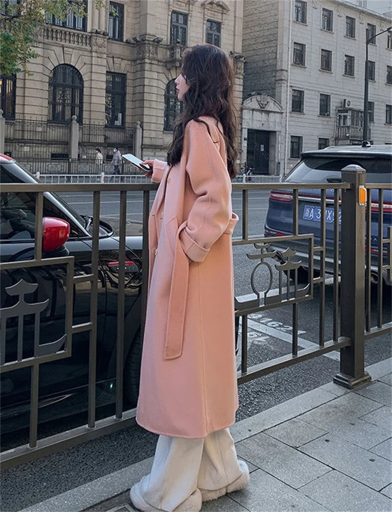 100% Wool Coat Women's Temperament Double sided Cashmere Coats with Belt Elegant Long Overcoat
