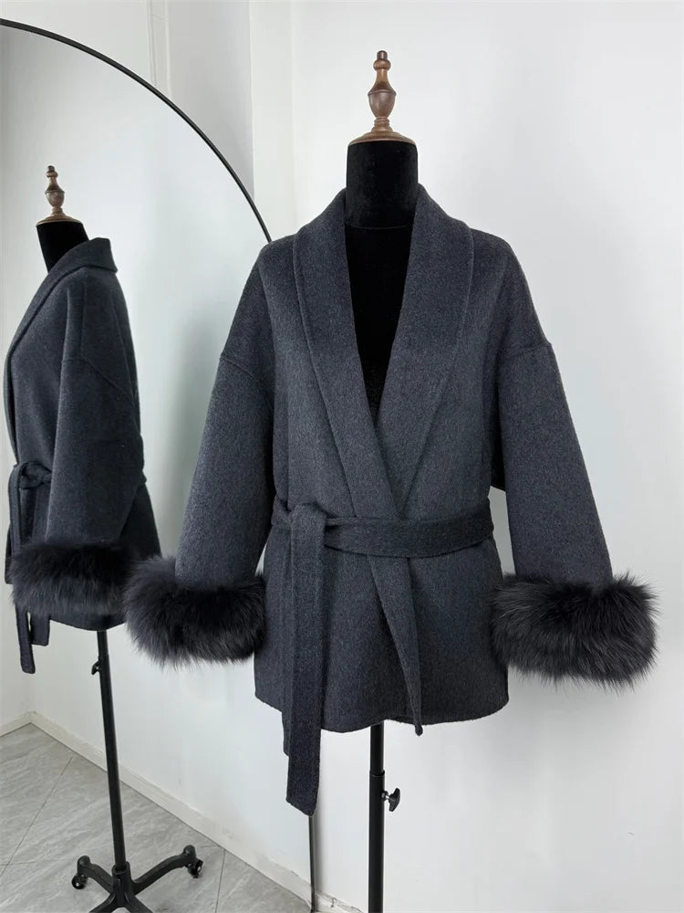 Tossy Fox Fur Wool Overcoat Women's Short Coat Office Lady Elegant Double-side Loose Wool