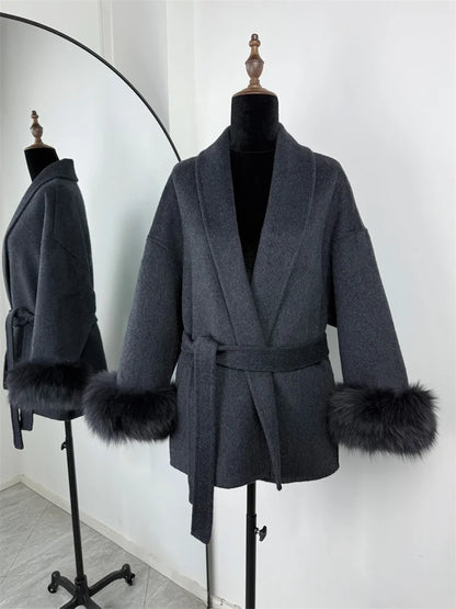 Tossy Fox Fur Wool Overcoat Women's Short Coat Office Lady Elegant Double-side Loose Wool